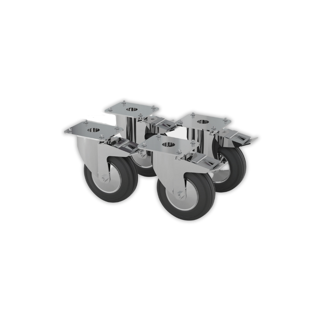 Das Rollenset mit Feststellbremse von apra lean ist ideal zur Montage am Grundgestell und ermöglicht eine flexible und sichere Bewegung der Einheit.