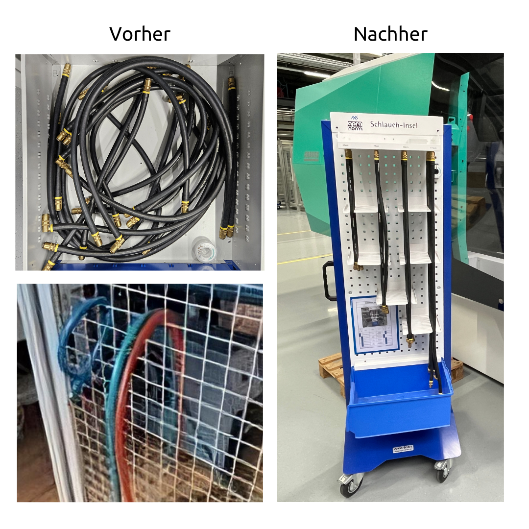 5s apra-lean Schlauch Insel, abtropfen und aufräumen in einem. Aufgehangen nach Länge mit Abtropfschale.