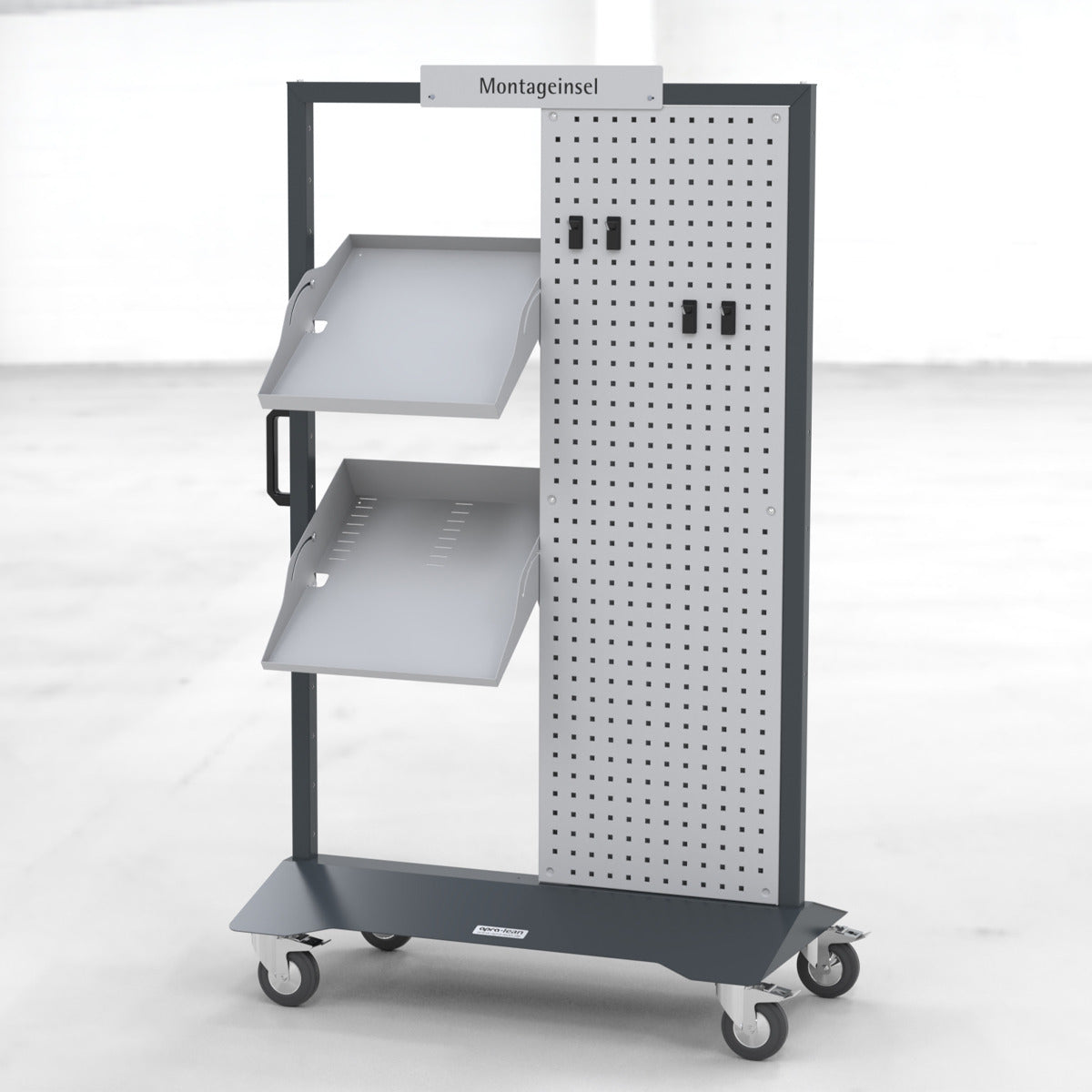 5S Montageinsel zweifach apra-lean mit Gestell-Farbe grau, mit Rollenset, Werkzeugtafel 1500 mm hoch und Fachböden für Material und Werkzeug