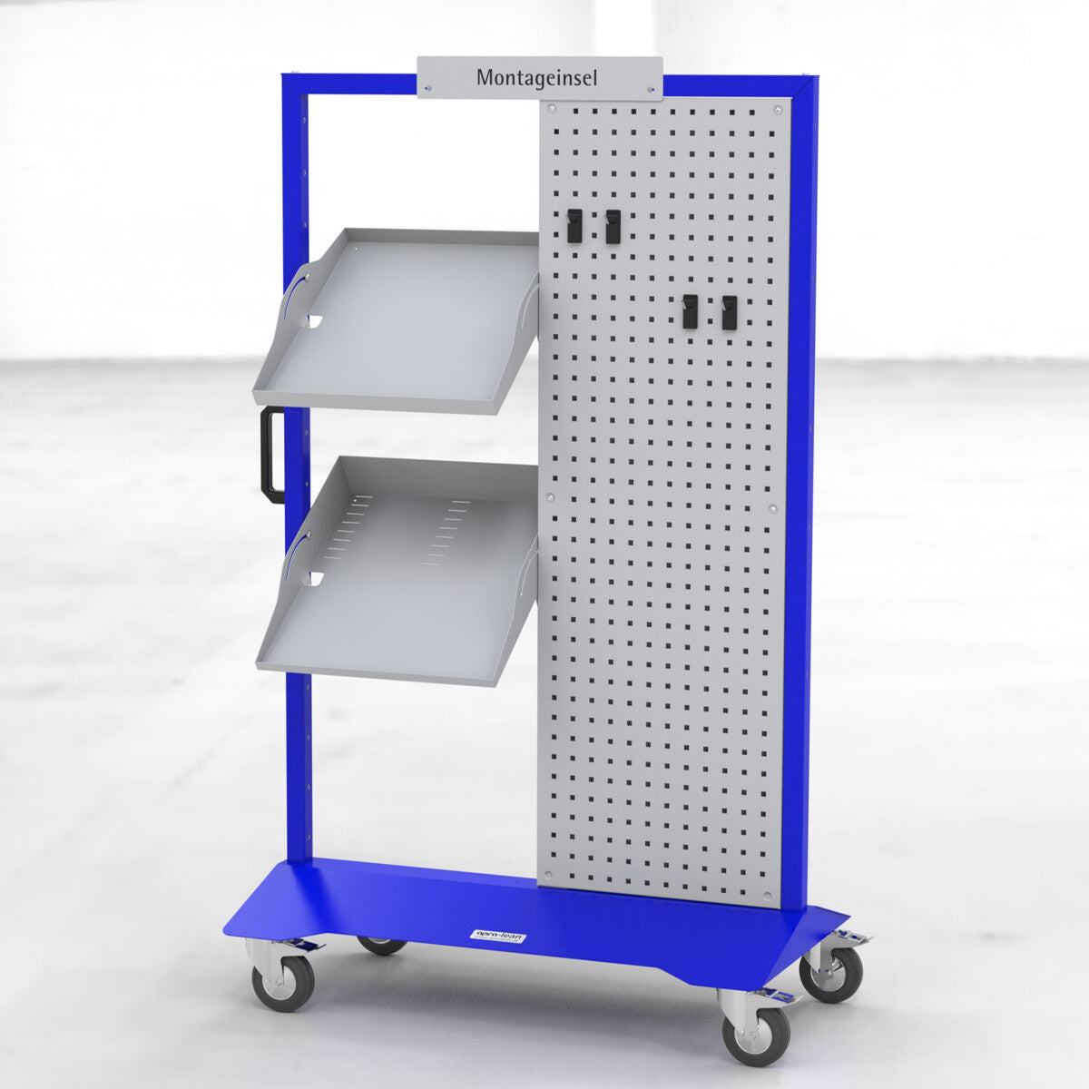 5S Montageinsel zweifach apra-lean mit Gestell-Farbe blau, mit Rollenset, Werkzeugtafel 1500 mm hoch und Fachböden für Material und Werkzeug