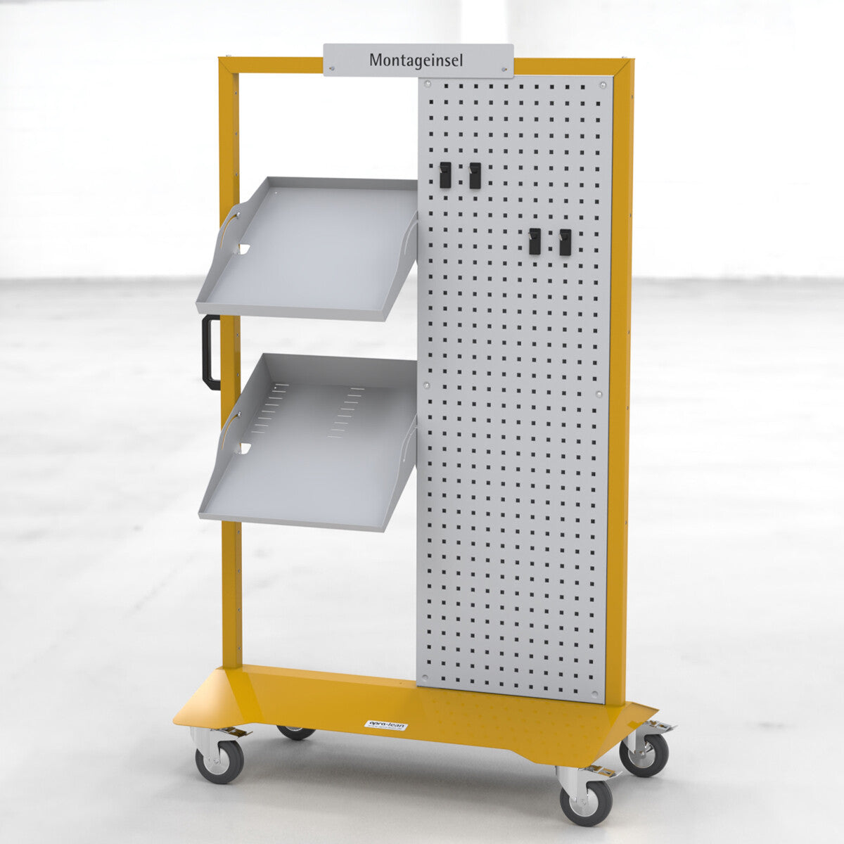 5S Montageinsel zweifach apra-lean mit Gestell-Farbe gelb, mit Rollenset, Werkzeugtafel 1500 mm hoch und Fachböden für Material und Werkzeug