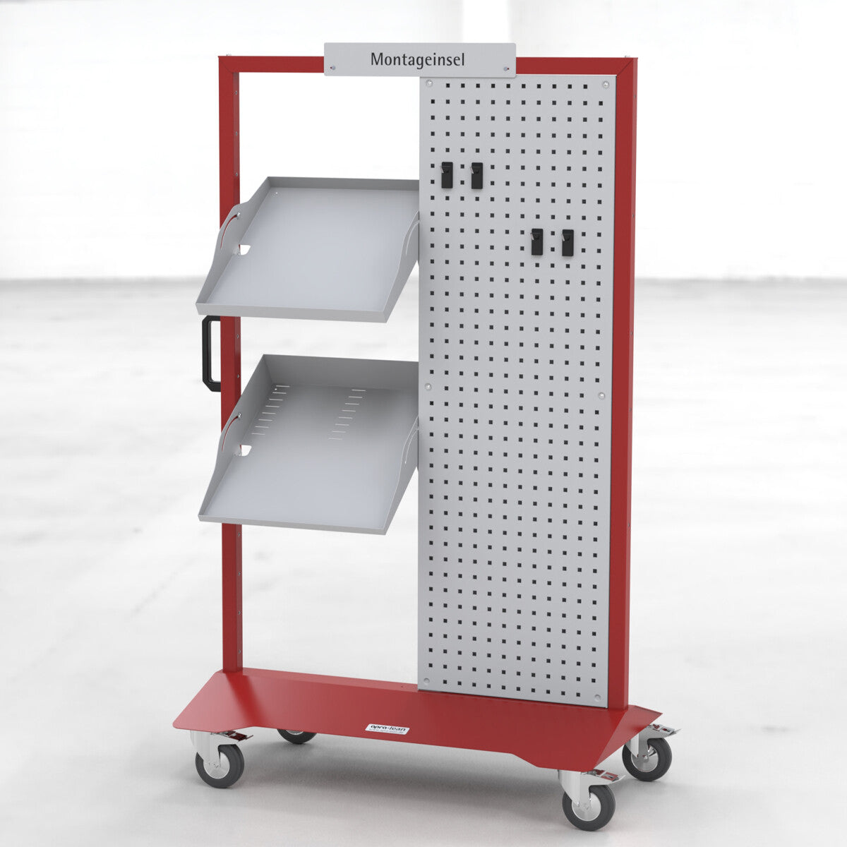 5S Montageinsel apra-lean mit Gestell-Farbe rot, mit Rollenset, Werkzeugtafel 1500 mm hoch und Fachböden für Material und Werkzeug