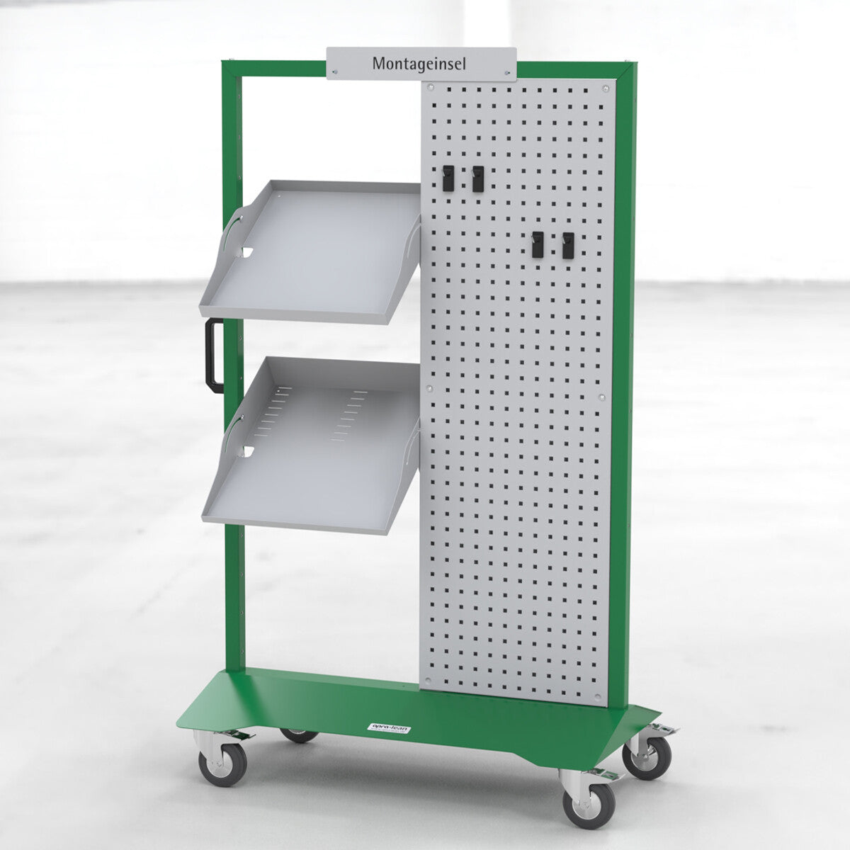 5S Montageinsel zweifach apra-lean mit Gestell-Farbe gruen, mit Rollenset, Werkzeugtafel 1500 mm hoch und Fachböden für Material und Werkzeug