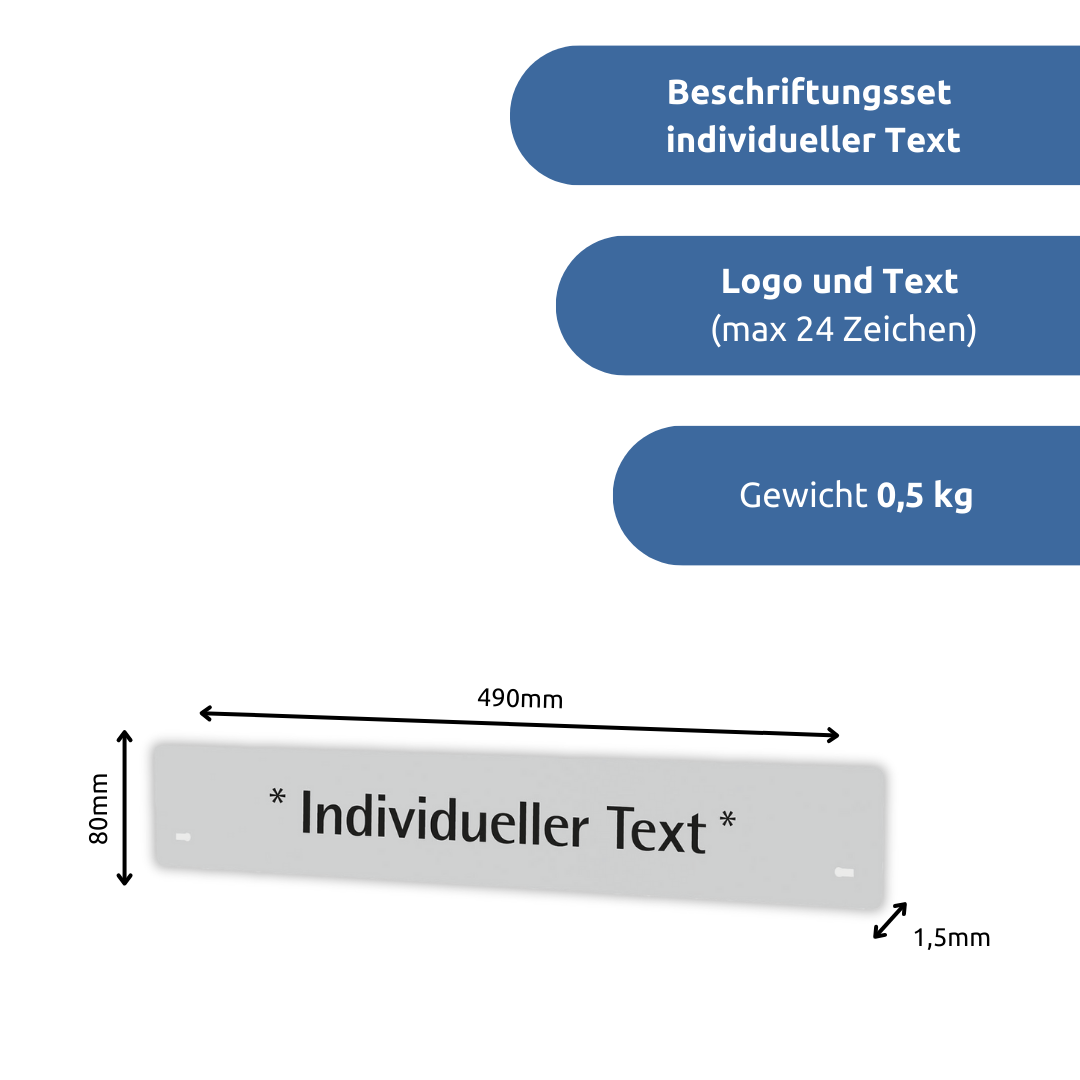 apra-lean Beschriftungsset mit individuellem Text: es kann ein von Ihnen gewählter Text gedruckt werden zusätzlich ihrem Logo. Maximal 24 Zeichen sind möglich