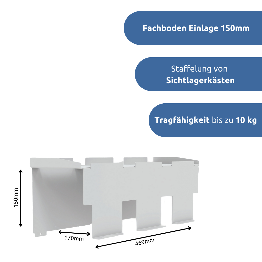apra-lean Fachboden Einlage 150mm bietet die Möglichkeit Sichtlagerkästen zu staffeln