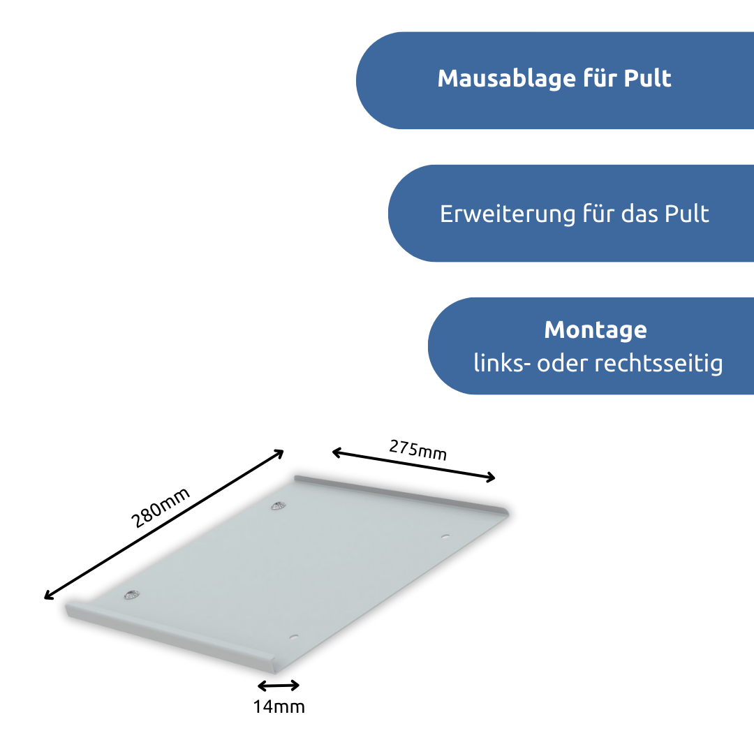 apra-lean Mausablage für Pult: eine Erweiterung für das apra-lean Pult, welche sowohl links- also auch rechtsseitig montiert werden kann.