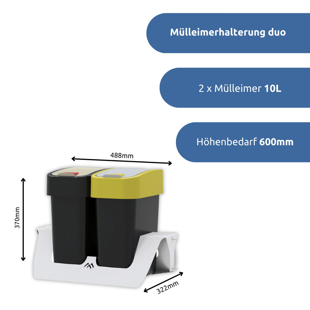 apra-lean Mülleimerhalterung mit zwei 10L Mülleimer mit gelben und neutralen Deckel.