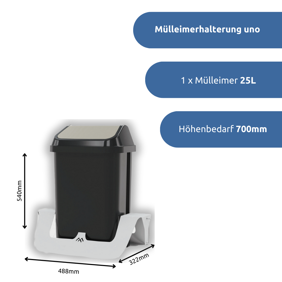 apra-lean Mülleimerhalterung uno: mit einem 25L Mülleimer und neutralen Deckel.