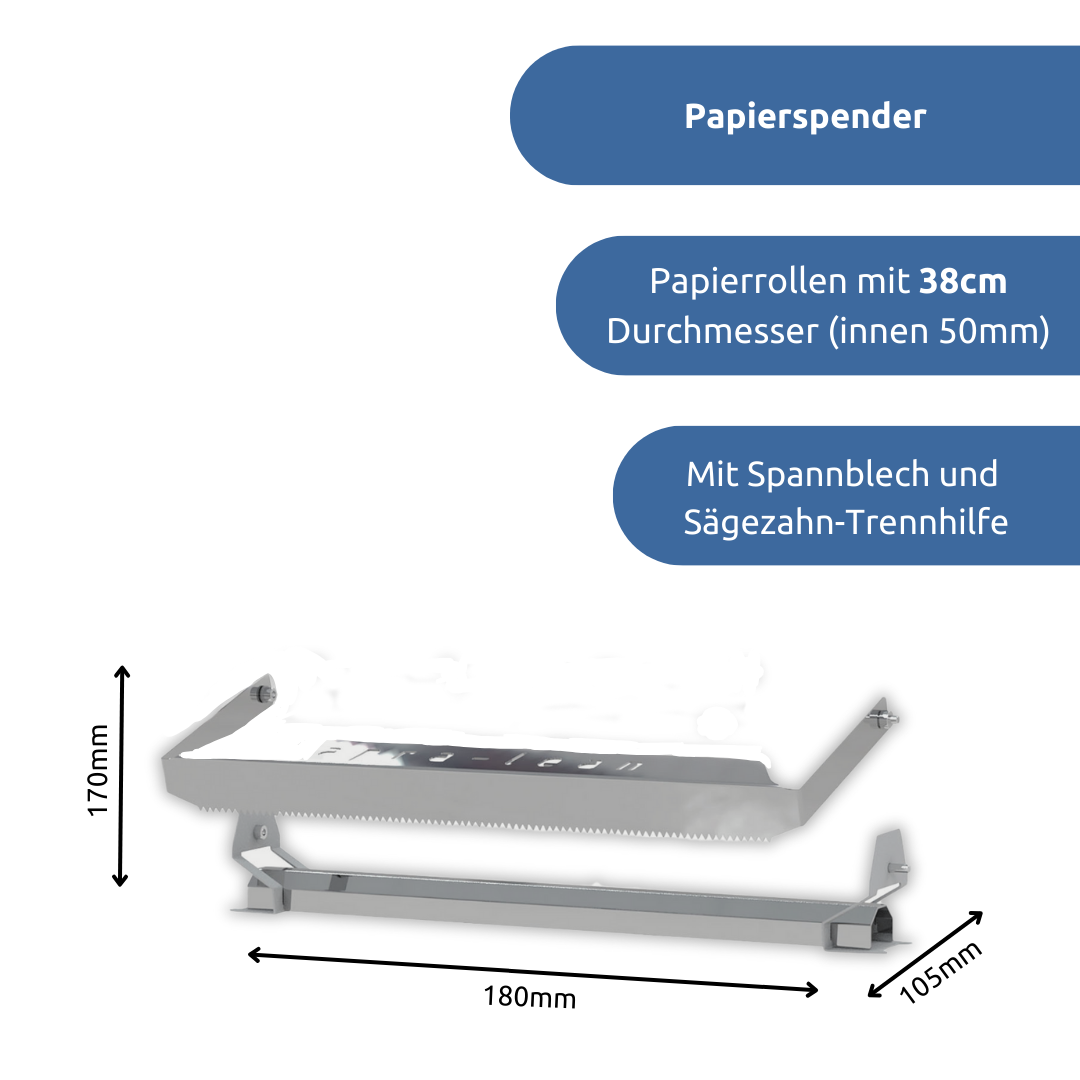 apra-lean Papierspender für Papierrollen mit 38cm Durchmesser, innendurchmesser 50mm. Enthält ein Spannblech und eine Sägezahm-Trennhilfe.