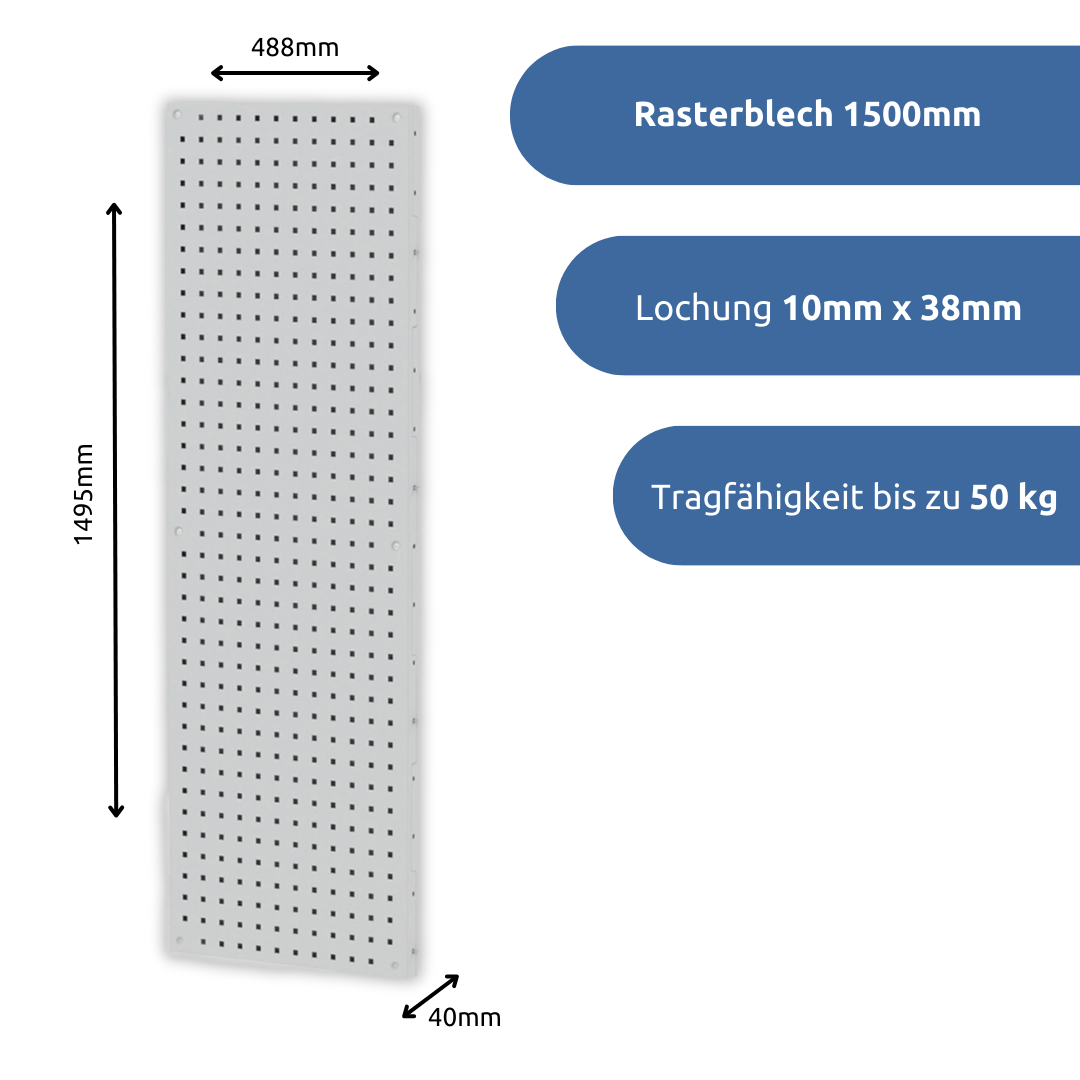 apra-lean Rasterblech 1500mm: zum Einhängen von Einhänge Blechhaken, Werkzeughalter und ähnlichem. Die Lochung beträgt 10mm x 38mm