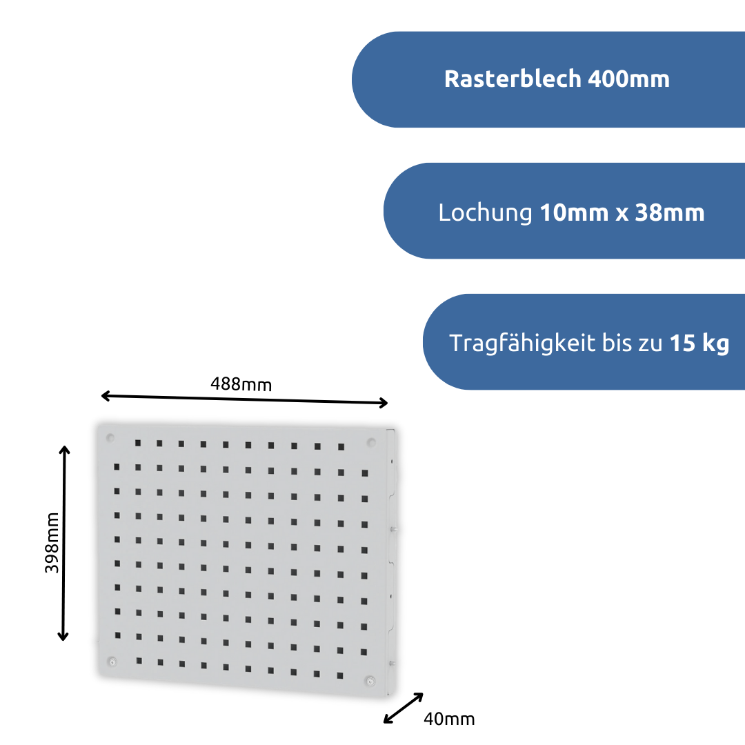 apra-lean Rasterblech 400mm: zum Einhängen von Einhänge-Blechhaken und Werkzeughalter. Mit einer Lochung von 10mm x 38mm