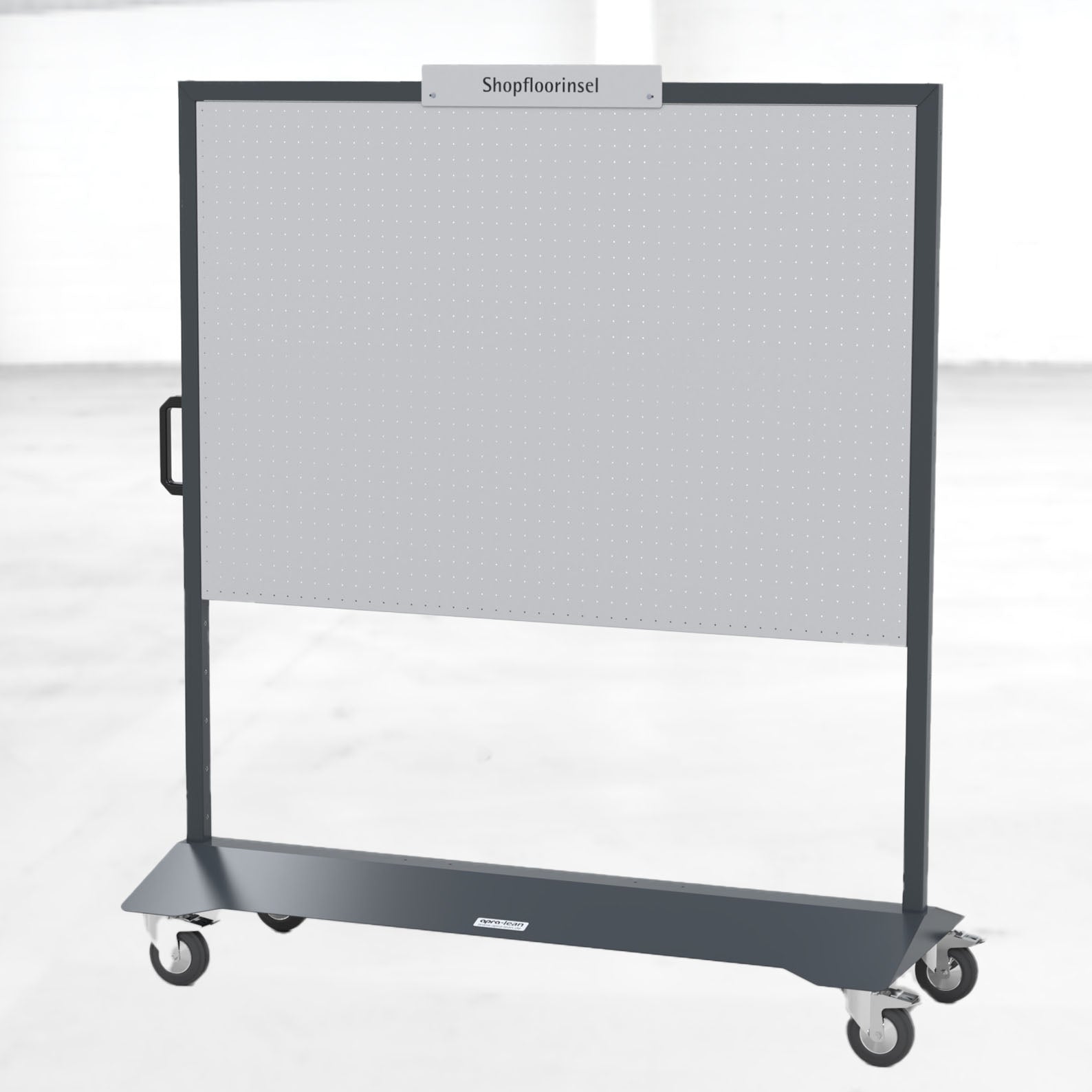 Die Shopfloorinsel von apra lean  in der Farbe anthrazit ist eine mobile Informationstafel ,zum Einsatz in Fertigung, Werkstatt, Büro oder Besprechungsräumen