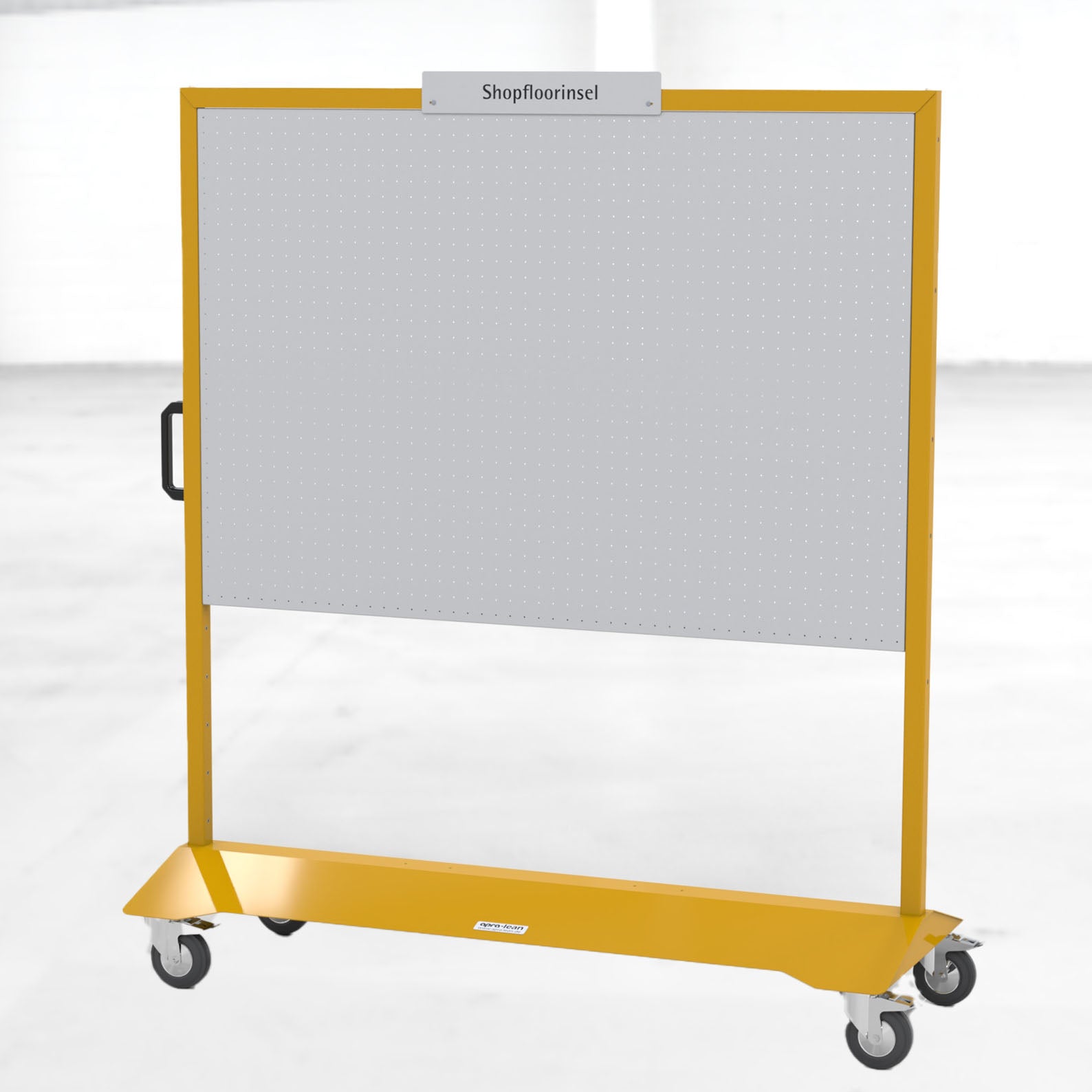 Die Shopfloorinsel von apra lean  in der Farbe gelb ist eine mobile Informationstafel ,zum Einsatz in Fertigung, Werkstatt, Büro oder Besprechungsräumen
