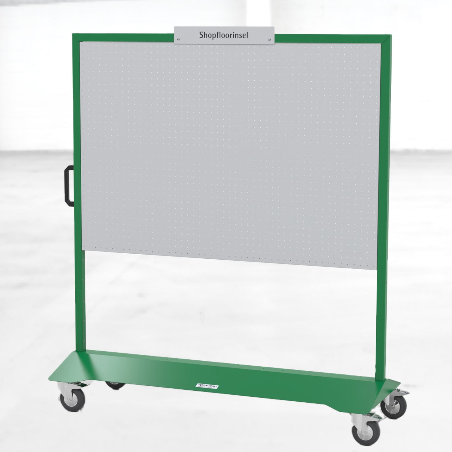 Die Shopfloorinsel von apra lean  in der Farbe grün ist eine mobile Informationstafel ,zum Einsatz in Fertigung, Werkstatt, Büro oder Besprechungsräumen