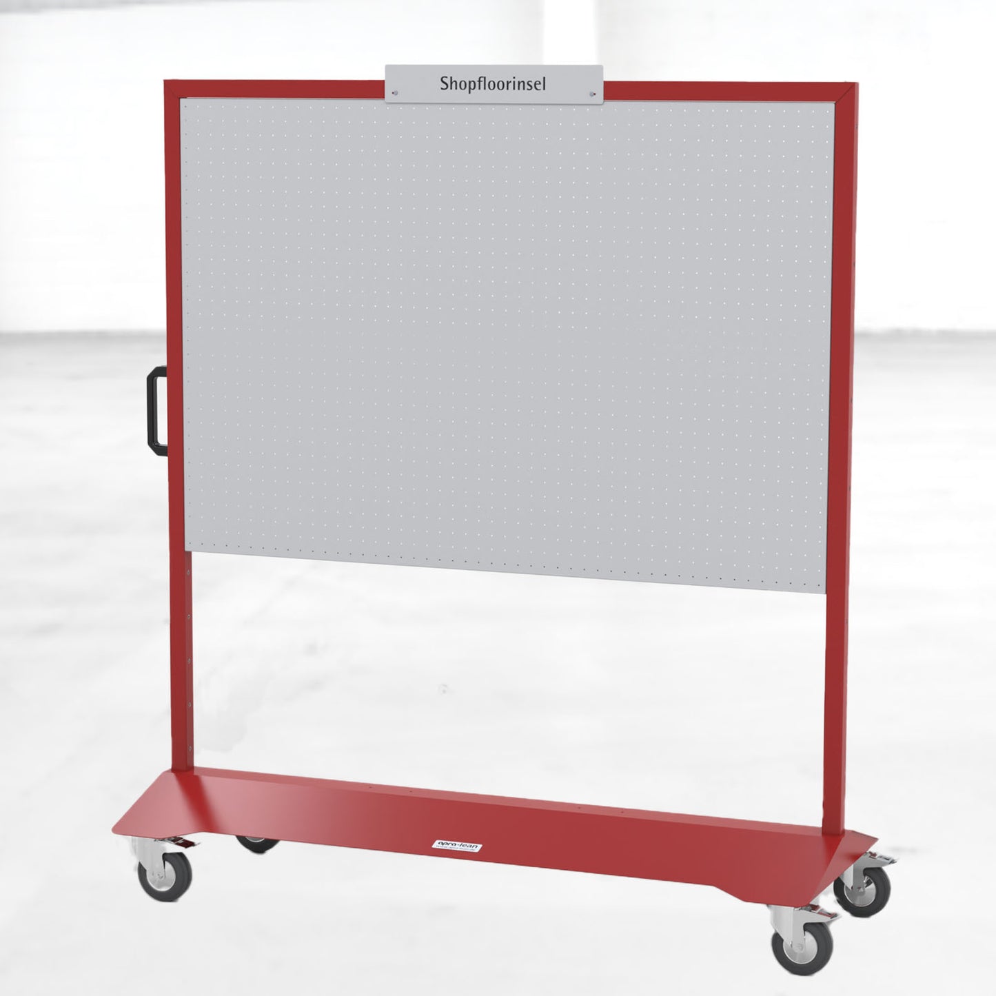 Die Shopfloorinsel von apra lean  in der Farbe rot ist eine mobile Informationstafel ,zum Einsatz in Fertigung, Werkstatt, Büro oder Besprechungsräumen