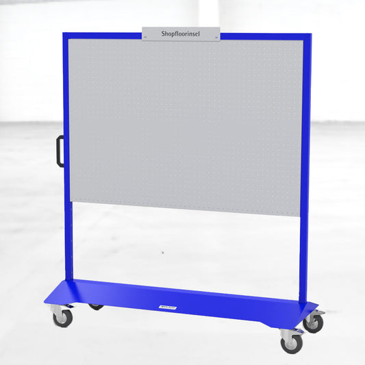 Die Shopfloorinsel von apra lean  in der Farbe blau ist eine mobile Informationstafel ,zum Einsatz in Fertigung, Werkstatt, Büro oder Besprechungsräumen