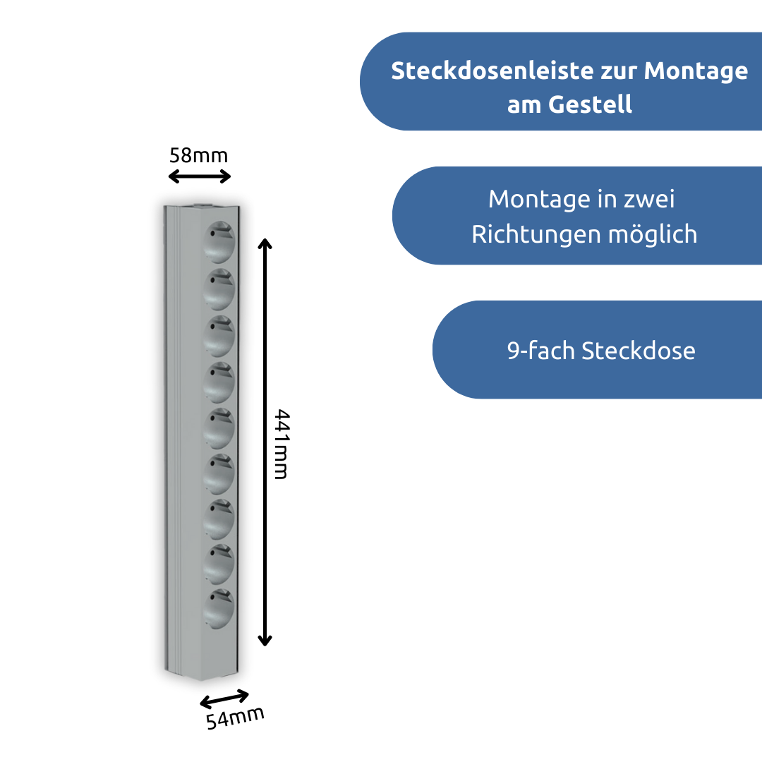 apra-lean Steckdosenleiste zur Montage am Gestell: zur Montage in zwei Richtungen, mit 9 Steckdosen