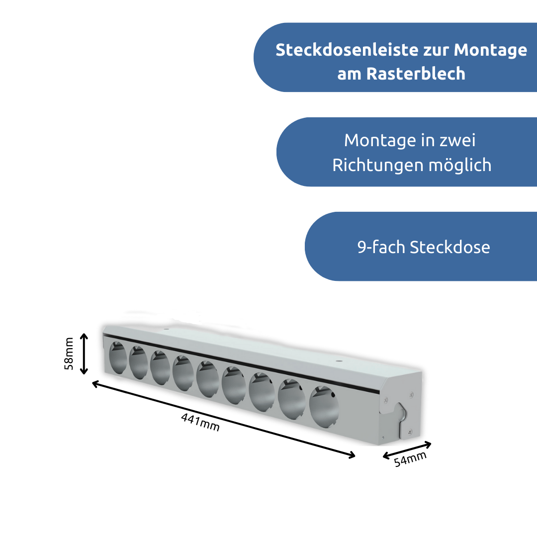apra-lean Steckdosenleiste zur Montage am Rasterblech: Montage in zwei Richtungen möglich, mit 9 Steckdosen
