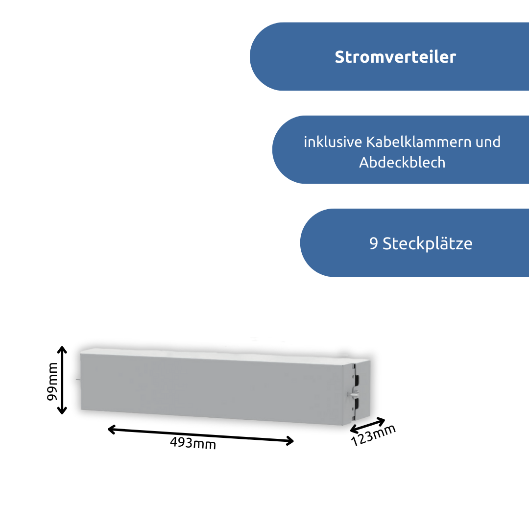 apra-lean Stromverteiler: bietet 9 Steckplätze und ist inklusive Kabelklammern für organisiertes Kabelmanagement und einem Abdeckblech um vor Staub und Sabotage zu schuetzen
