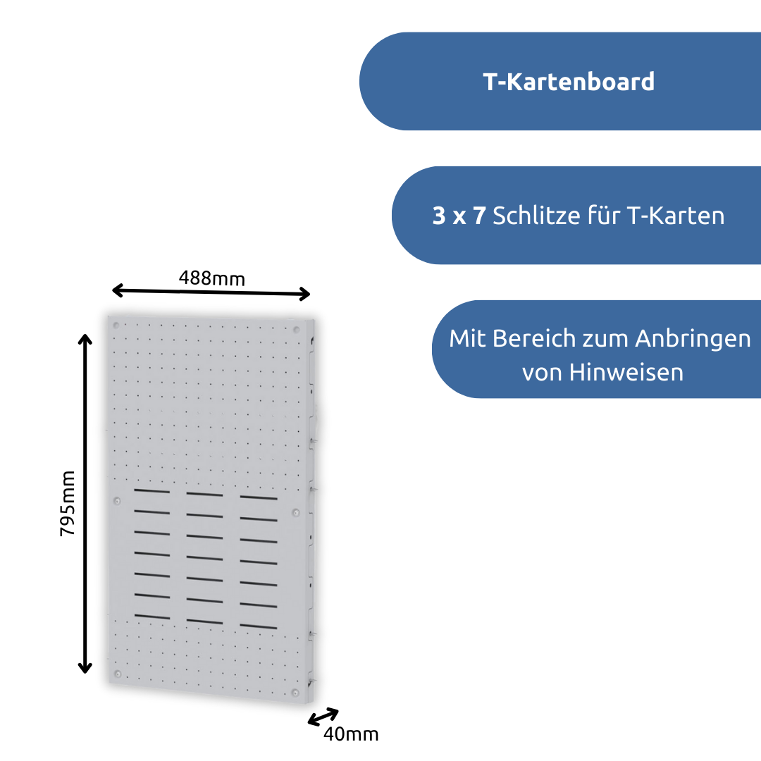 apra-lean T-Kartenboard: mit 3 x 7 Schlitzen für T-Karten, mit einem extra Bereich zum Anbringen von Hinweisen.