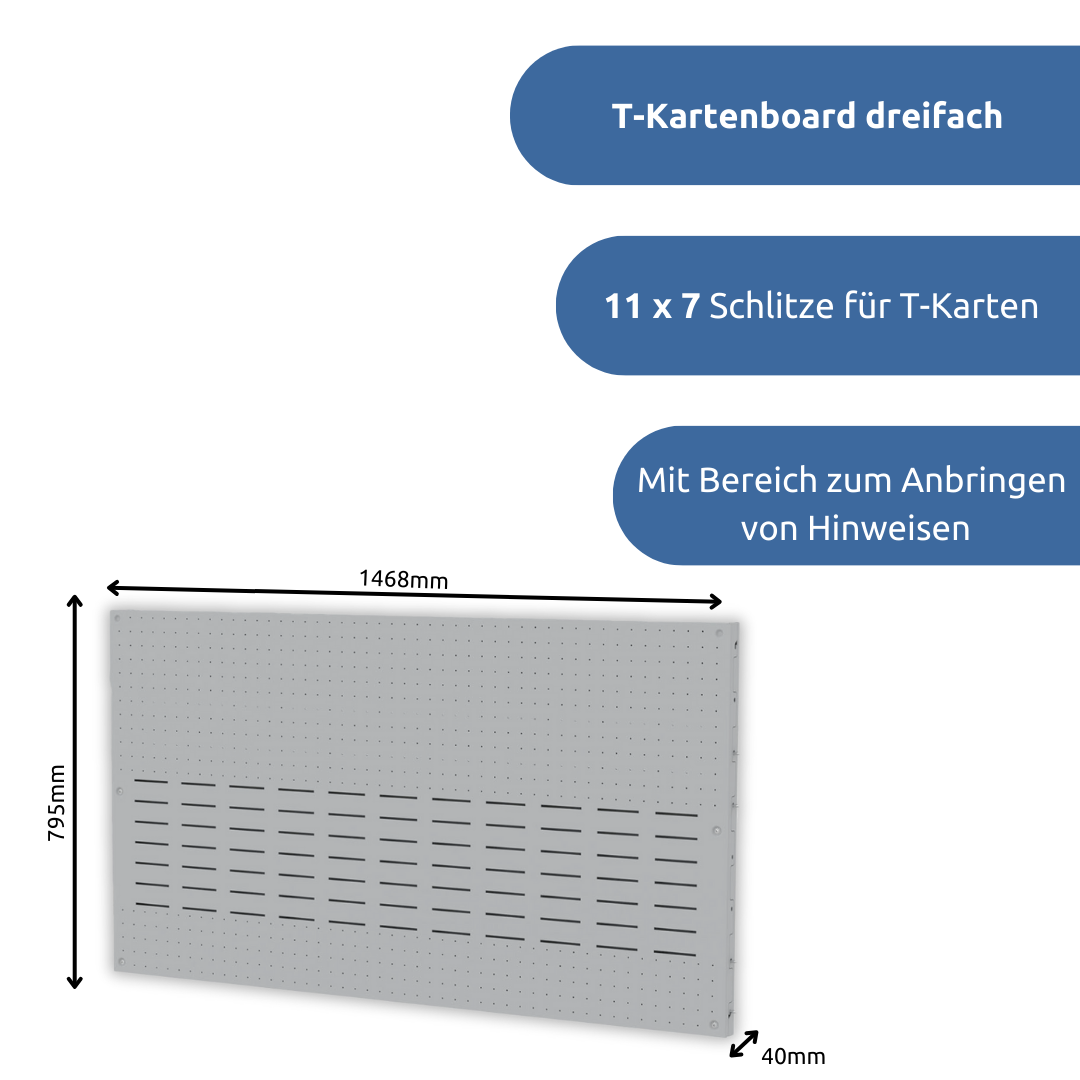 apra-lean T-Kartenboard dreifach: Mit 11 x 7 Schlitze für T-Karten. Mit einem extra Bereich zum Anbringen von Hinweisen.