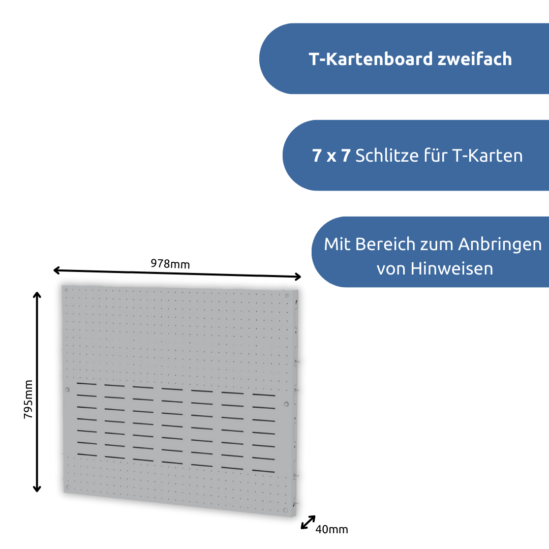apra-lean T-Kartenboard zweifach: mit 7 x 7 Schlitze für T-Karten. Mit einem extra Bereich zum Anbringen von Hinweisen.