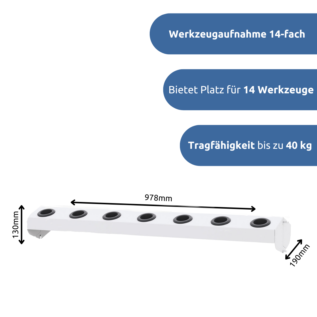 apra-lean Werkzeugaufnahme 14 fach: bietet Platz für 14 Werkzeuge und hat eine Tragfähigkeit von bis zu 40kg