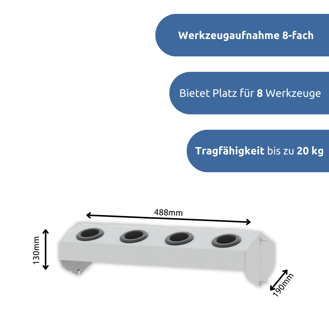 apra-lean Werkzeugaufnahme 8fach: Bietet Platz für 8 Werkzeuge, mit einer Tragfähigkeit bis zu 20kg