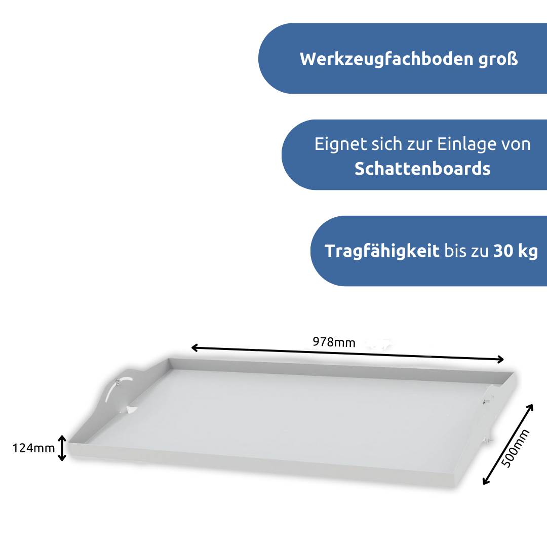 apra-lean Werkzeugfachboden gross: eignet sich zur Einlage von Schattenboards und hat eine Tragfähigkeit von bis zu 30kg