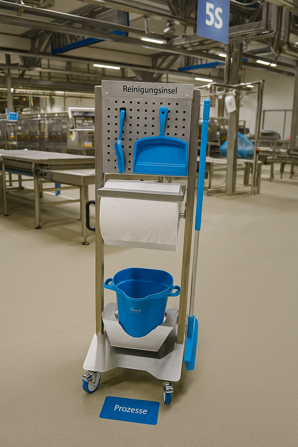 apra-lean Edelstahl-Reinigungsinsel für die Lebensmittelindustrie, entwickelt nach 5S- und HACCP-Standards. Die Station bietet klare Struktur für Reinigungsgeräte mit farblicher Kennzeichnung und Piktogrammen. Hygienisches, leicht zu reinigendes Design aus Edelstahl für sichere, effiziente und auditfähige Reinigungsprozesse.