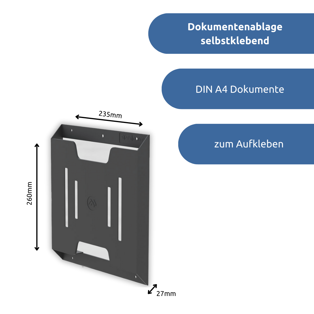 apra-lean Dokumentenablage selbstklebend: Kann auf eine Fläche zum Beispeil ein Rasterblech aufgeklebt werden. Bietet Platz für DIN A4 Dokumente