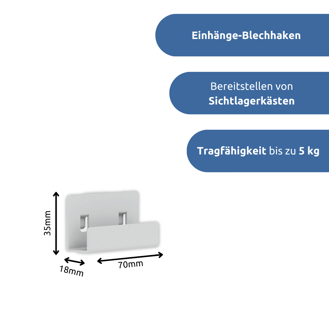 apra-lean Einhaenge Blechhacken: An diesem hat man die Möglichkeit Sichtlagerkästen einzuhängen und für Übersicht am Arbeitsplatz zu sorgen