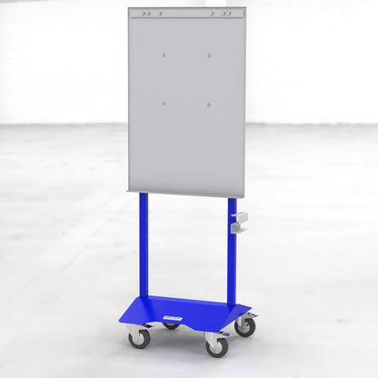 Flipchart von apra lean in der Farbe blau mit einer Tafel zur Befestigung von Flipchartpapier und einem Stiftehalter