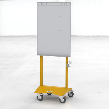 Flipchart von apra lean in der Farbe gelb, mit einer Tafel zur Befestigung von Flipchartpapier und einem Stiftehalter