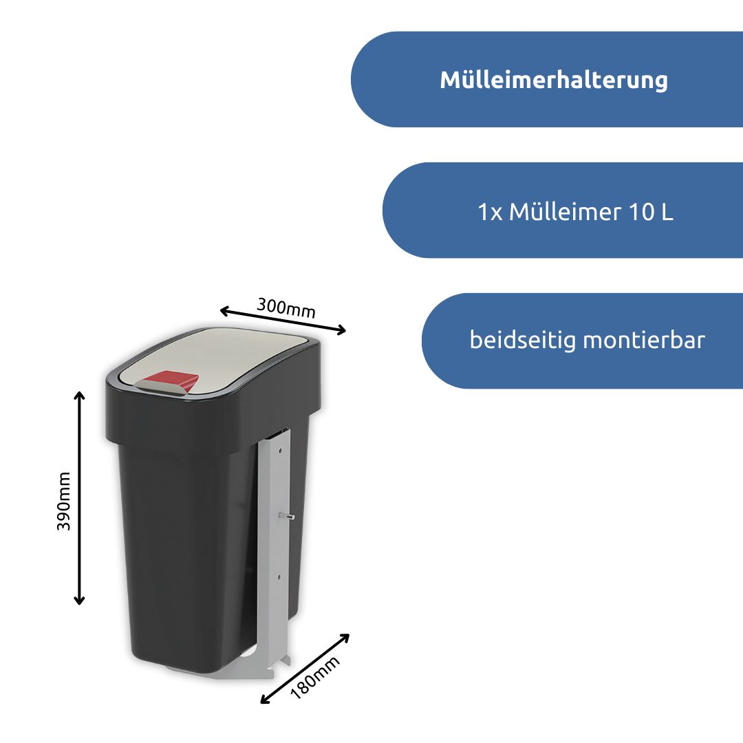 apra-lean Mülleimerhalterung mit einem 10L Mülleimer, kann beidseitig montiert werden.