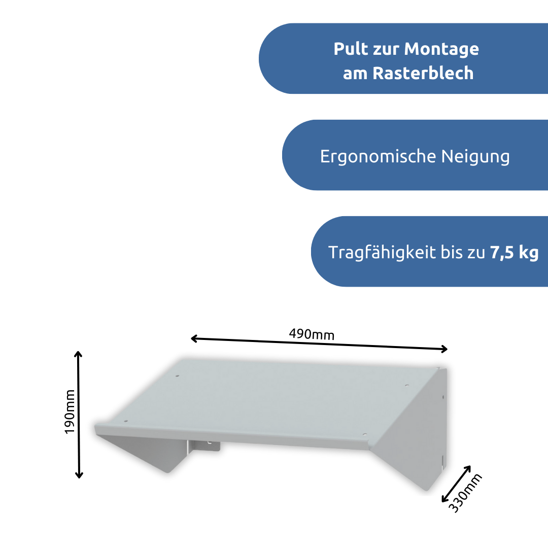apra-lean Pult zur Montage am Rasterblech:  das Pult enthält eine ergonomische Neigung und erleichtert den Arbeitsalltag.