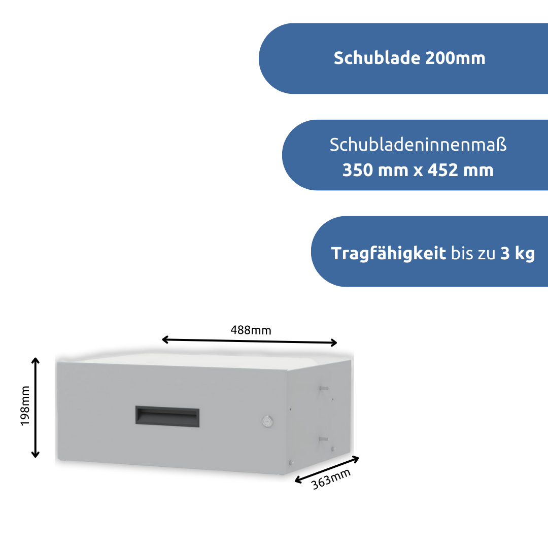 apra-lean Schublade 200mm: mit einer Tragfähigkeit von 3kg und einem Innenmaß von 350mm x 452mm