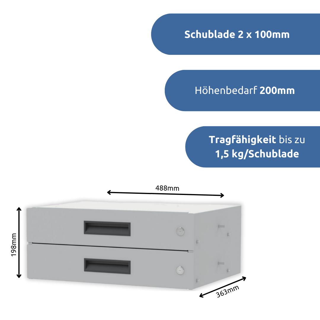 apra-lean Schublade 2 x 100mm: mit einer Tragfähigkeit bis zu 1,5kg pro Schublade. 