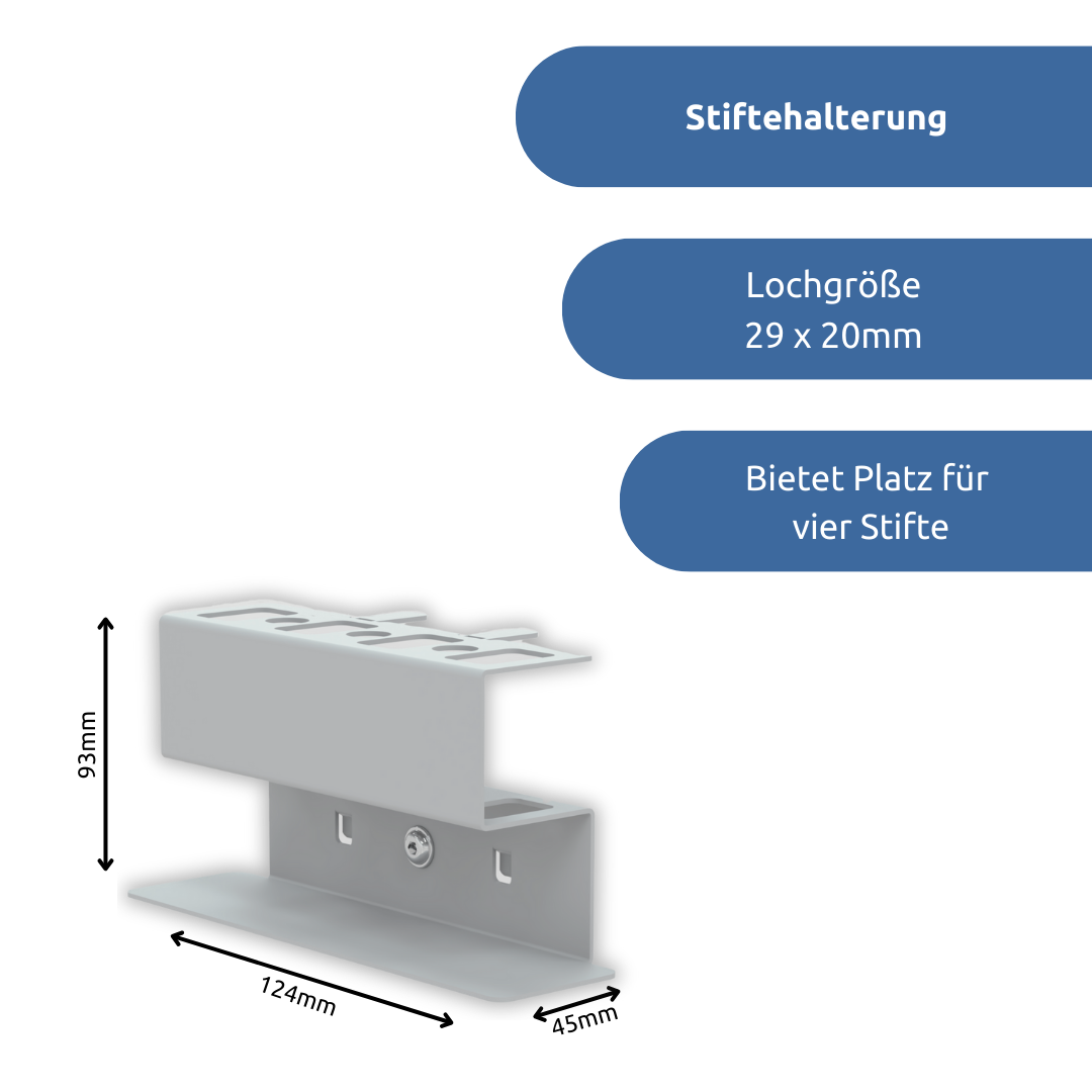 apra-lean Stiftehalterung: bietet Platz für vier Stifte. Die Lochgröße beträgt 29 x 20mm