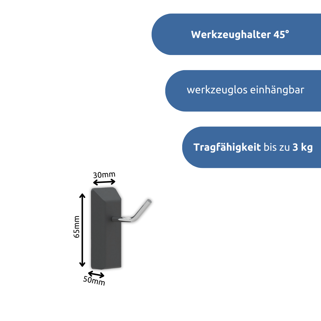 apra-lean Werkzeughalter: dieser ist werkzeuglos einhängbar und bietet eine Tragfähigkeit von bis zu 3kg